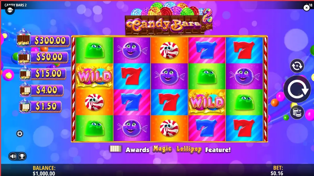 Interface vibrante do slot Candy Bars 2 com símbolos de doces e barras de chocolate