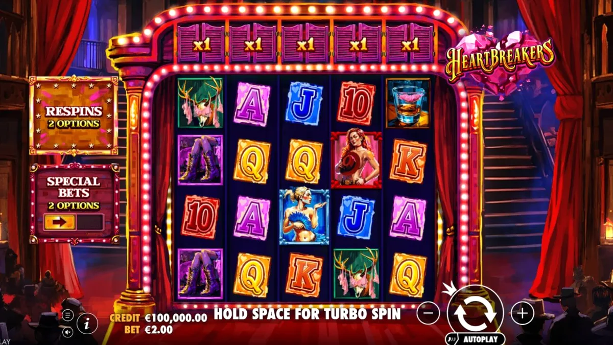 Cena de jogo do slot Heartbreakers com estética de cabaré e elementos Western